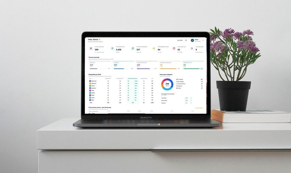 Dashboard de trazabilidad y reportería del programa, visualizado en una MacBook
